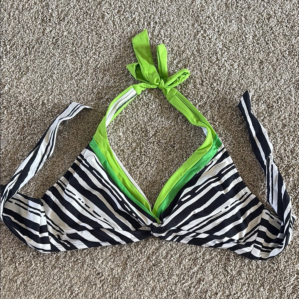 Striped Black and White Bikini Top with Green Accents